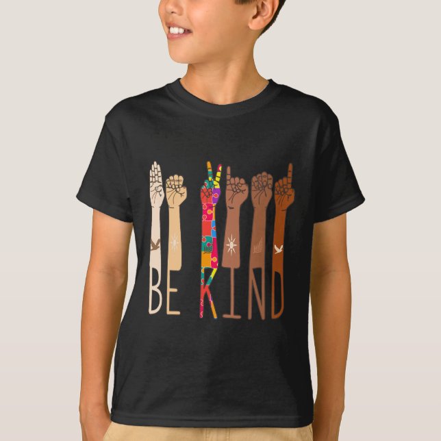 Camiseta Retro Be Kind Sinal Language ASL Quebra-cabeça Aut (Frente)