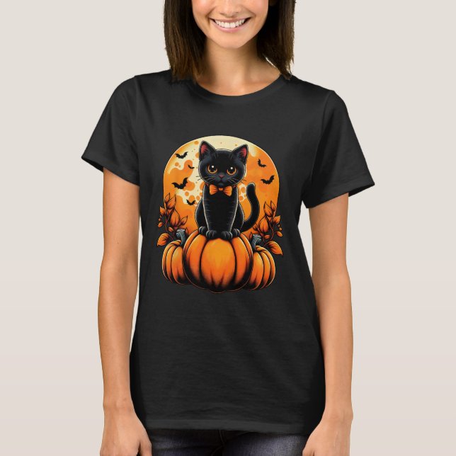 Camiseta Retro Black Cat Pumpkin Halloween Fall Aut (Frente)