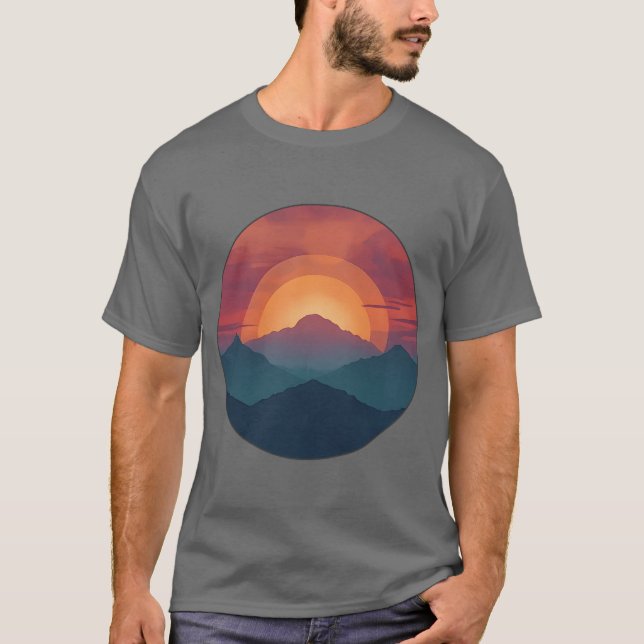 Camiseta Retro Blue Mountain Sunset | Nature Watercolor Art (Frente)
