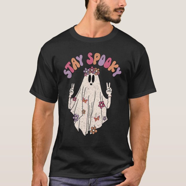 Camiseta Retro Boho Hippie Permaneça Spooky, Fantasma Flora (Frente)