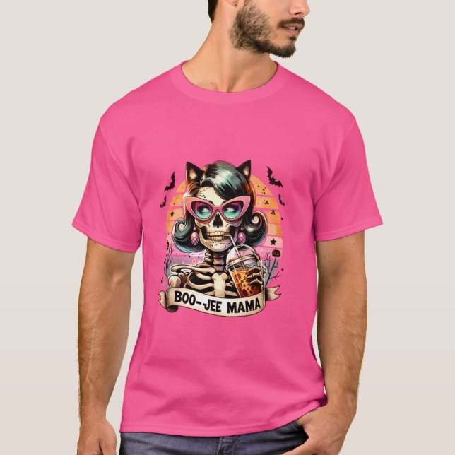 Camiseta Retro Boo-jee Mama Mães Engraçado Skeleton Café Ha (Frente)