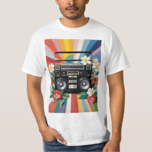 Camiseta Retro Boombox Com Arco-Íris E Flores