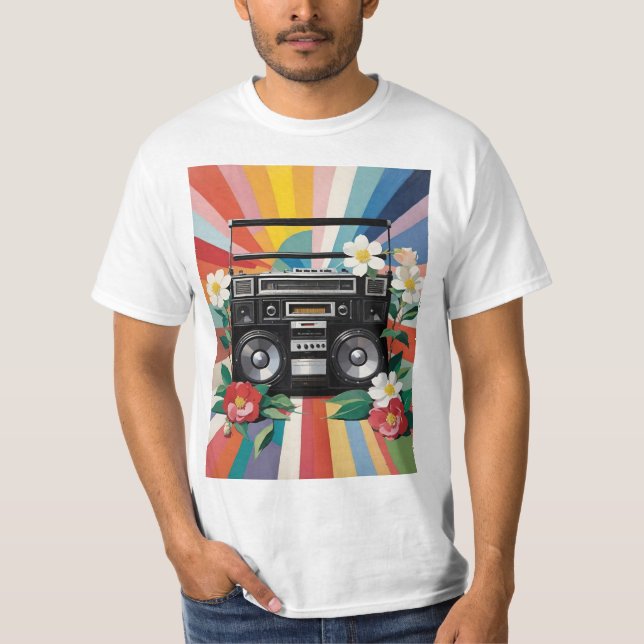 Camiseta Retro Boombox Com Arco-Íris E Flores (Frente)