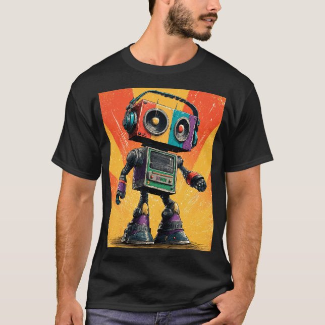 Camiseta Retro Boombox Robot with Headphones – Colorful Com (Frente)