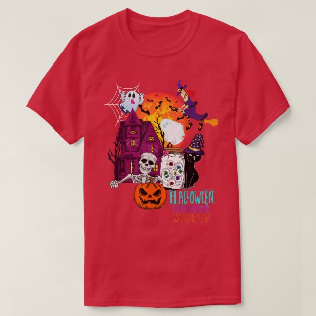 Camiseta Retro Bruxa Fantasma Pumpkin Negro Gato Esqueleto  (Frente do Design)