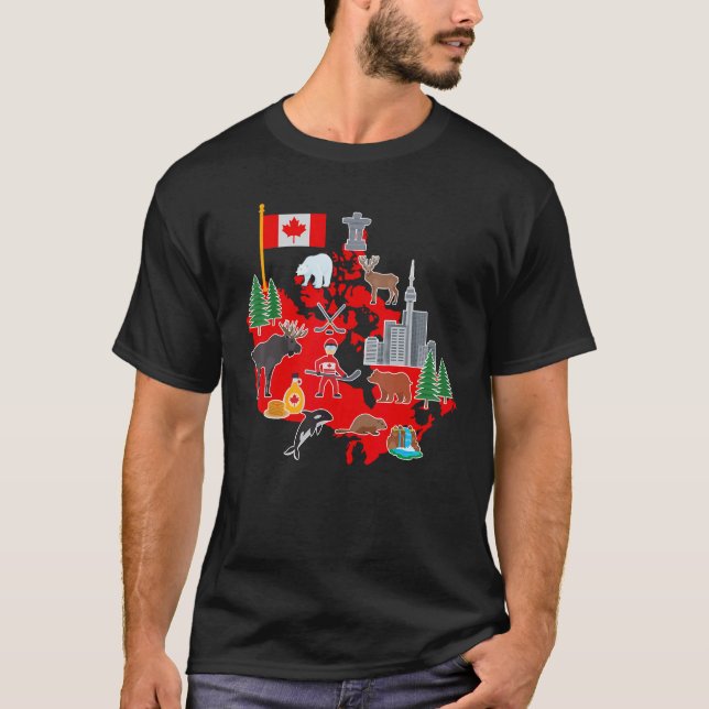 Camiseta Retro Canadá - Sinal e Símbolos Mapeia Folha Canad (Frente)