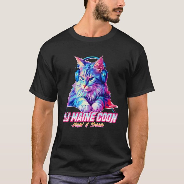 Camiseta Retro Cat com Fones de ouvido Music DJ Maine Coon  (Frente)