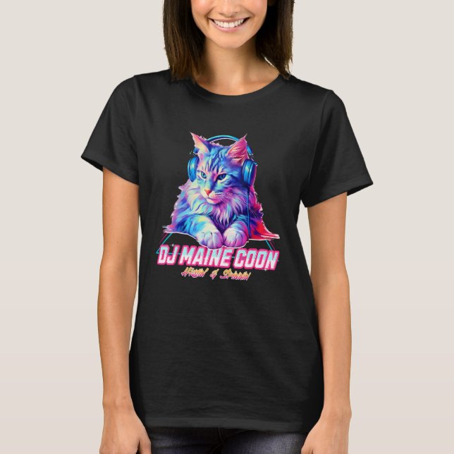 Camiseta Retro Cat com Fones de ouvido Music DJ Maine Coon  (Frente)