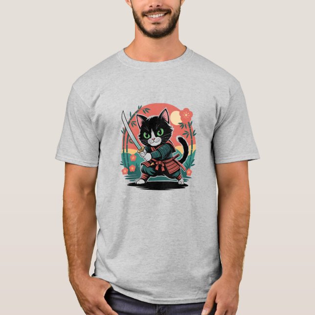 Camiseta Retro Cat Samurai, Arte Guerreira Japonesa (Frente)