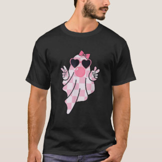 Camiseta Retro Checkered Cute Pink Ghost Blowing Bubble Gum