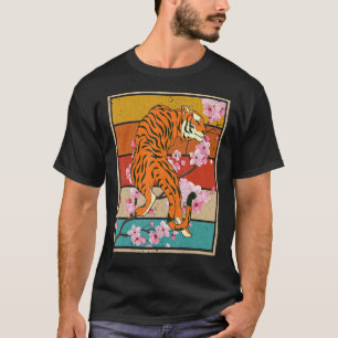 Camiseta Retro Cherry Blossom Selvagem Gato Animal Sakura A