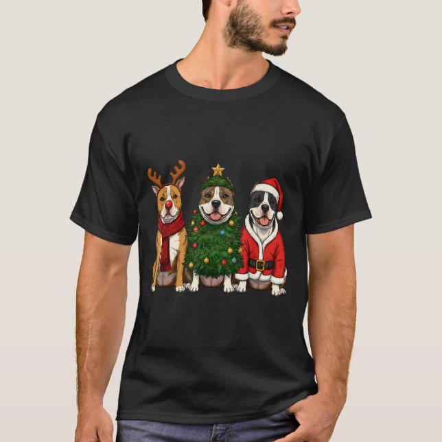 Camiseta Retro Christmas American Bully Santa Reindeer Dog  (Frente)
