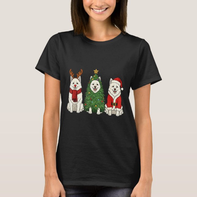 Camiseta Retro Christmas American Eskimo Dog Santa Reindeer (Frente)