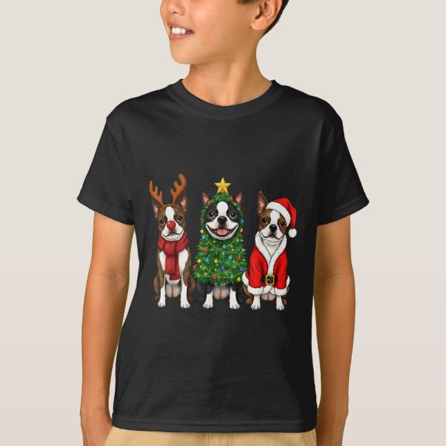 Camiseta Retro Christmas Boston Terrier Santa Reindeer Dog  (Frente)