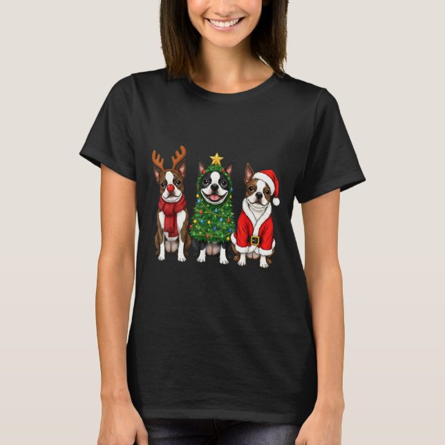 Camiseta Retro Christmas Boston Terrier Santa Reindeer Dog  (Frente)