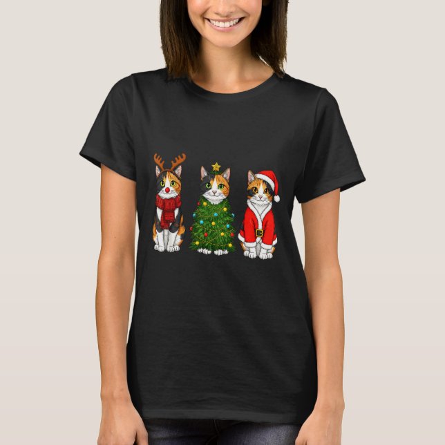 Camiseta Retro Christmas Calico Cat Santa Reindeer  (Frente)