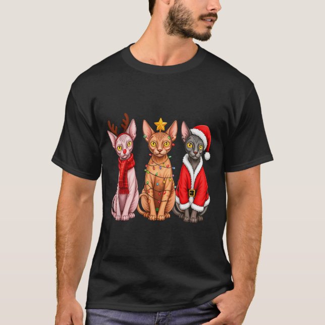 Camiseta Retro Christmas Sphynx Cat Santa Reindeer  (Frente)