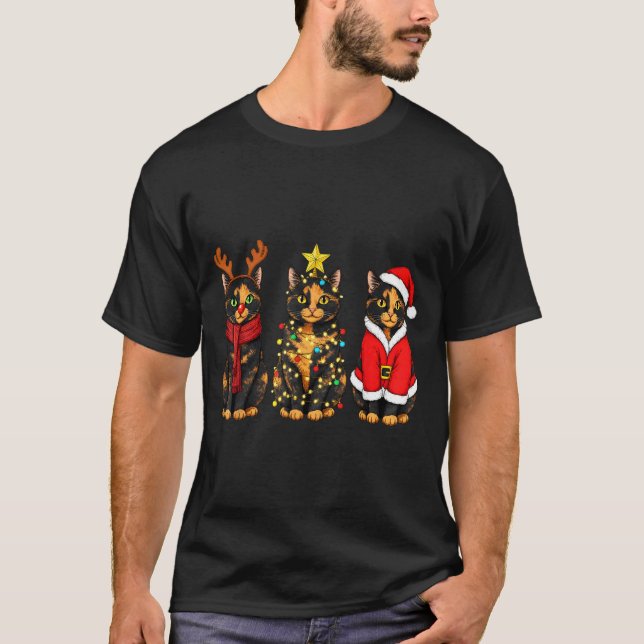 Camiseta Retro Christmas Tortoiseshell Cat Santa Reindeer  (Frente)