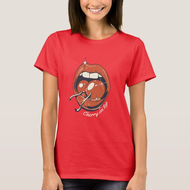 Camiseta Retro com Gráfico de Cereja e Lábios Verm (Frente)