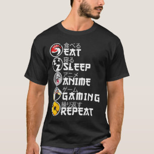 Camiseta Retro Comer Dormir Anime Jogos Repetir Kawaii Anim