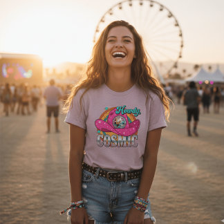 Camiseta Retro Cosmic Cowgirl Rosa Espelho de Disco Chapéu