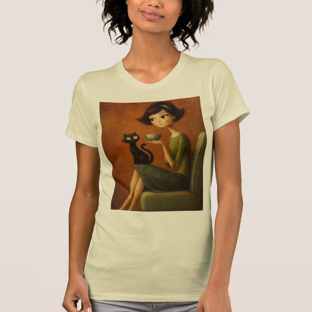 Camiseta Retro Cozy Morning Black Cat Aesthetic Tee (Frente)