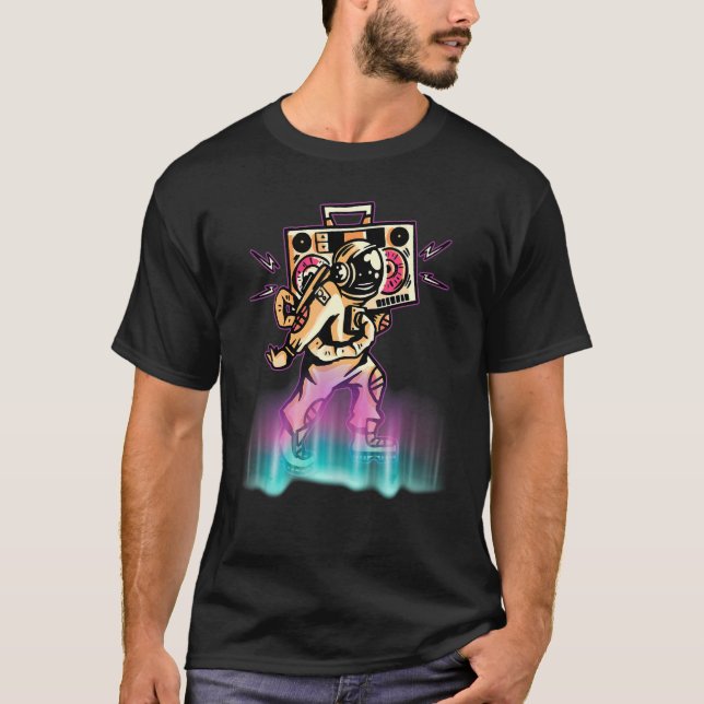 Camiseta Retrô de dança astronauta com player de música (Frente)