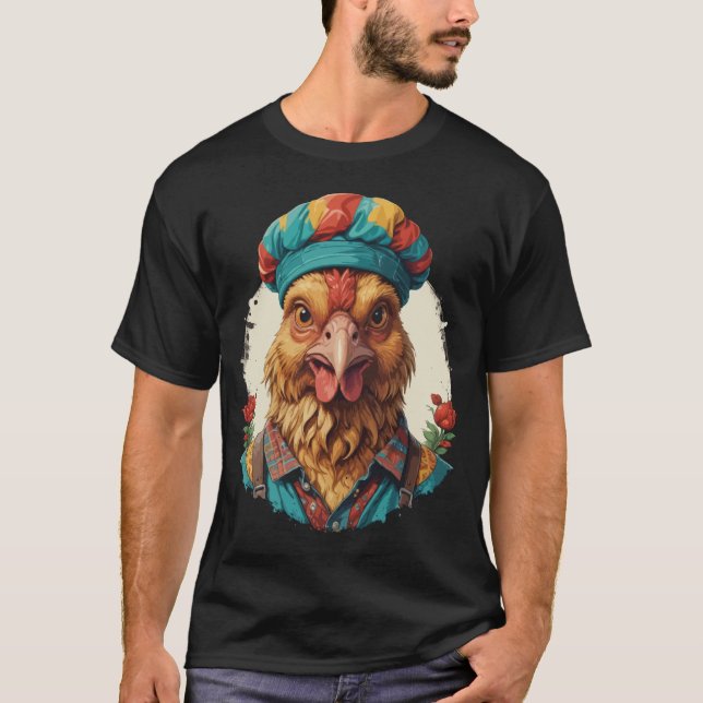 Camiseta retrô de frango - Flor de penas boêmia (Frente)