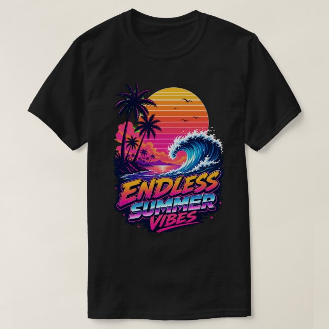 Camiseta Retro de Synthwave Sunset Surf dos Anos 8 (Frente do Design)