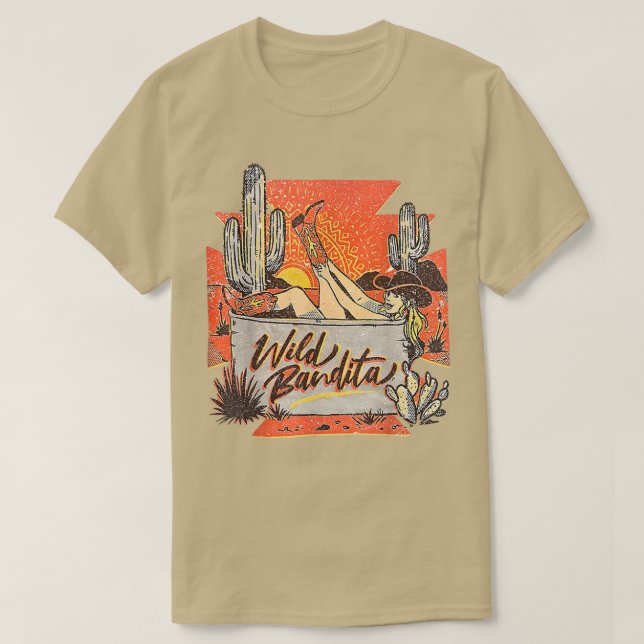 Camiseta Retro Desert Cactus Cowgirl Wild Bandita Western C (Frente do Design)