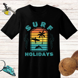 Camiseta Retro design "Feriados do Surf" com surfista e pal