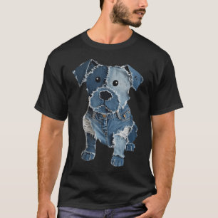 Camiseta Retro Divertido Remendo de Denim Animal Cachorro I