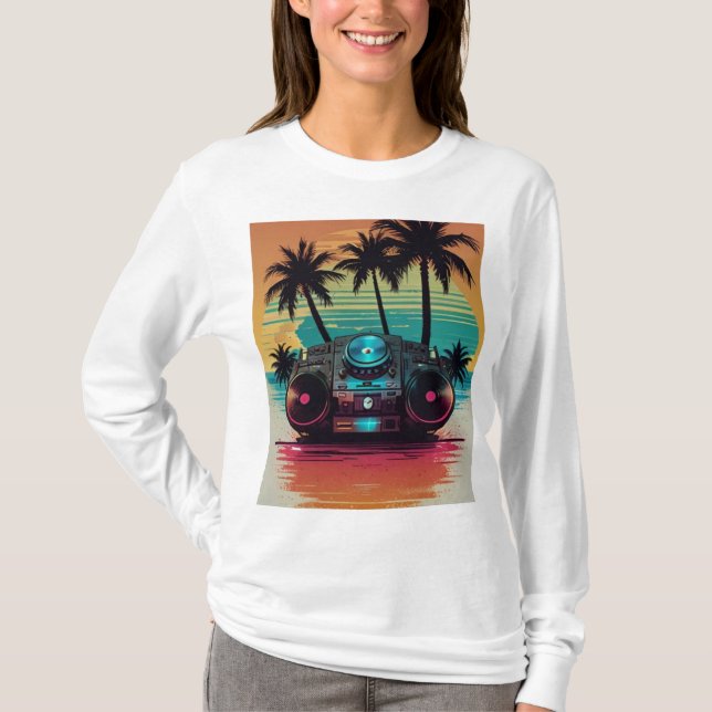 Camiseta Retro DJ Boombox Beach T-Shirt 🎶 🌴 | Soma Sunset (Frente)