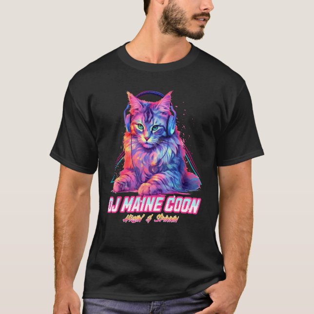 Camiseta Retro DJ Maine Coon Cat Headphones Music Chill Wav (Frente)