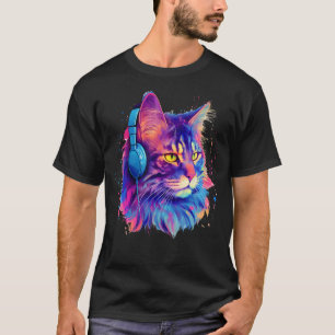 Camiseta Retro DJ Maine Coon Male Cat Face Fones de ouvido