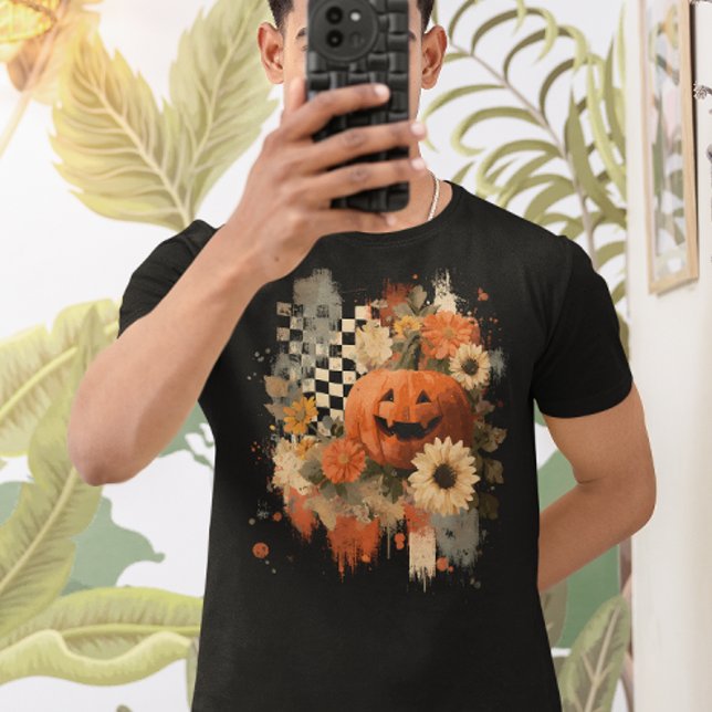 Camiseta Retro do Conselho Checado de Abóbora no Halloween (Criador carregado)