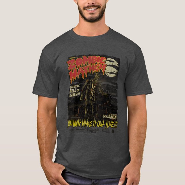 Camiseta Retrô do Dia das Bruxas Zombie Mayhem (Frente)