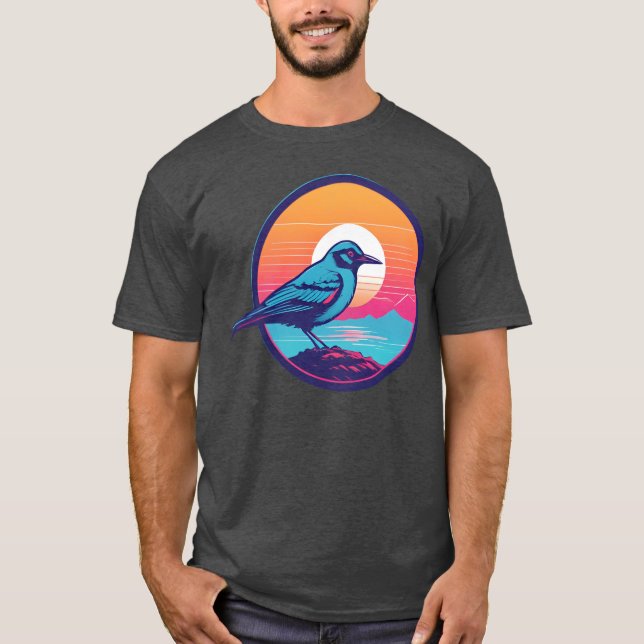 Camiseta Retrô do garoto Pássaro Azul Synwave (Frente)