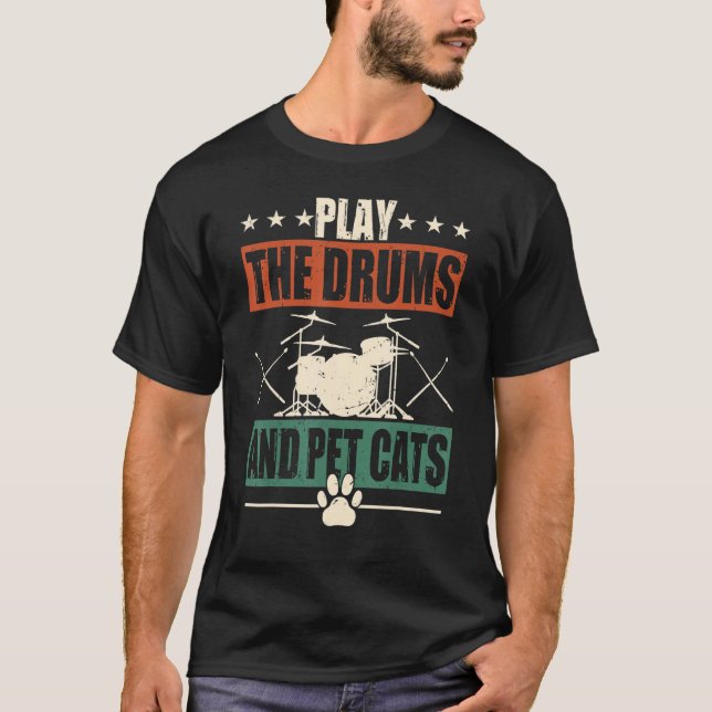 Camiseta Retro Drummer Drumming Drums Percussion Cat Lover (Frente)