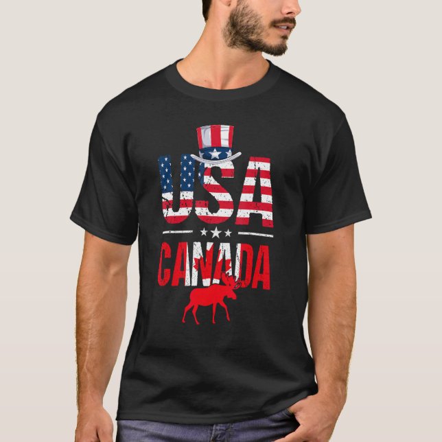 Camiseta Retro EUA Canadá EUA Bandeira Patriótica Canadense (Frente)