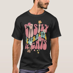 Camiseta Retro Facilmente Distraído Por Gatos Florais Cat M