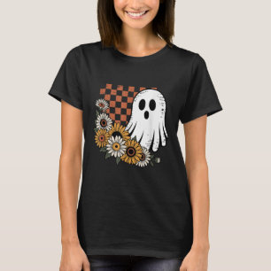 Camiseta Retro Fantasma Com Girassóis Vintage Halloween Vib