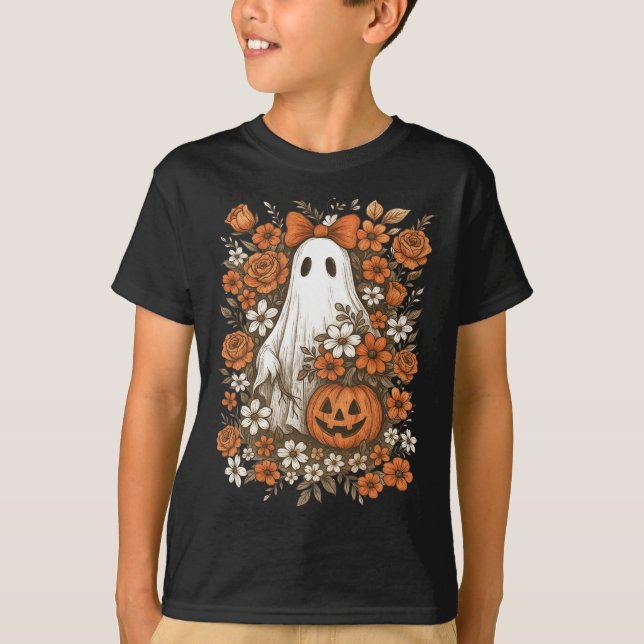 Camiseta Retro Fantasma Floral Cuja Pumpkin Autumn Hallowee (Frente)