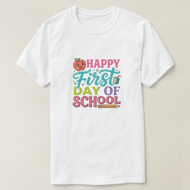 Camiseta Retro Feliz Primeiro Dia de Aula Maçã Fofa (Frente do Design)