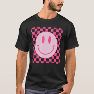 Camiseta Retro Feliz Rosto Verificado Padrão Rosa Sorriso
