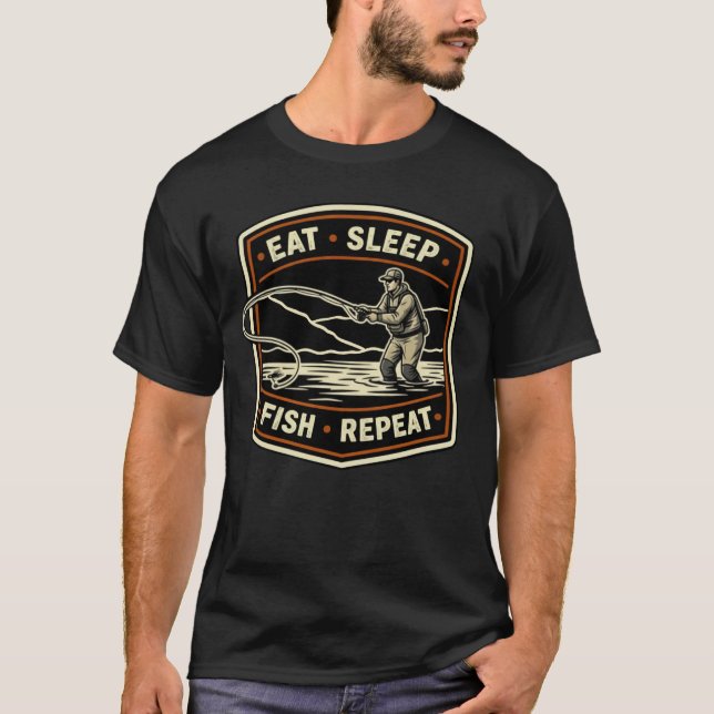 Camiseta Retro fly fishing design eat sleep fish repeat (Frente)