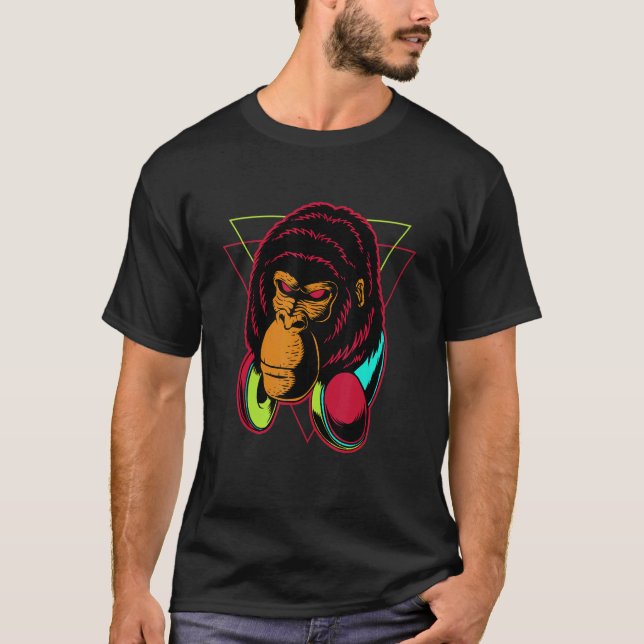 Camiseta Retro Funky Rave DJ Gorilla Ape Head (Frente)