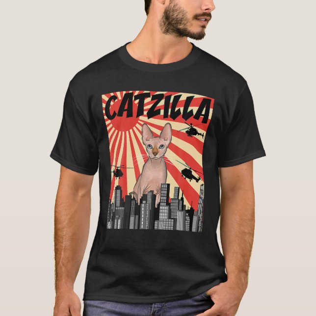 Camiseta Retrô Funny Japonês Catzilla Sphynx Cat T Shirt (Frente)