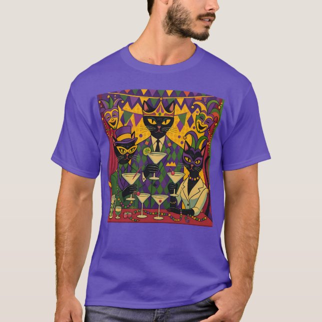 Camiseta Retro Futuristic Mardi Gras Black Cat Martini Club (Frente)