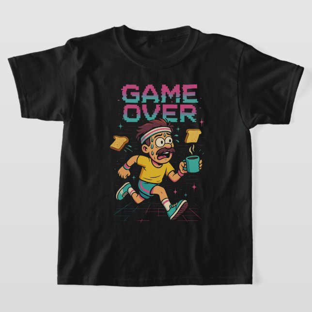 Camiseta Retro “Game Over” Coffee Rush – Funny Running Cart (Postura )
